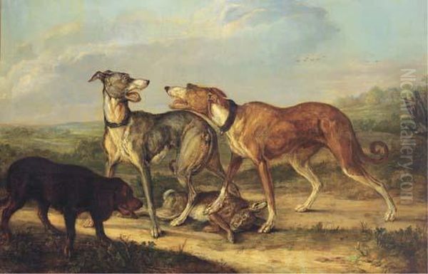 Hounds Fighting Over A Hare In An Extensive Landscape Oil Painting by Jan Dasveldt