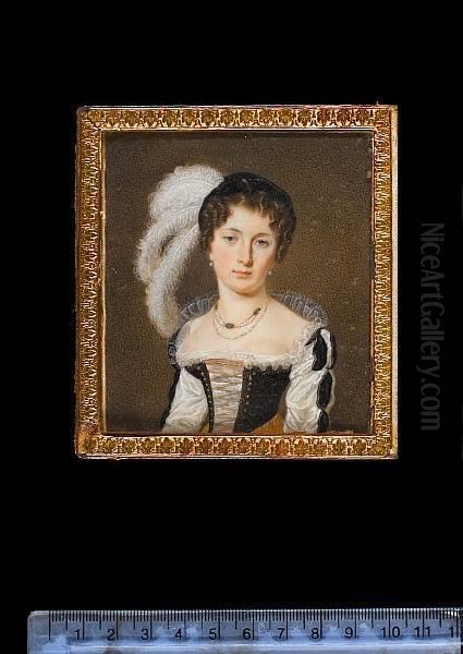 A Young Lady, Wearing Black Laced Bodice Over White Dress With Sleeves Slashed To Reveal Black And Lace Collar, Striped Ochre-coloured Skirt, Jewelled Necklaces, Pearl Earrings And Black Velvet Bonnet Trimmed With Large White Ostrich Feathers . Oil Painting by Amelie, Nee Dautel Daubigny