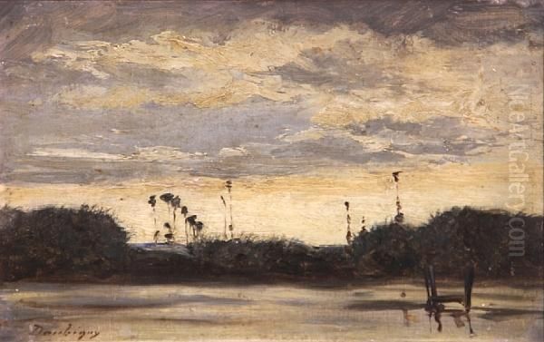 River Sunset Oil Painting by Charles Amelie Daubigny