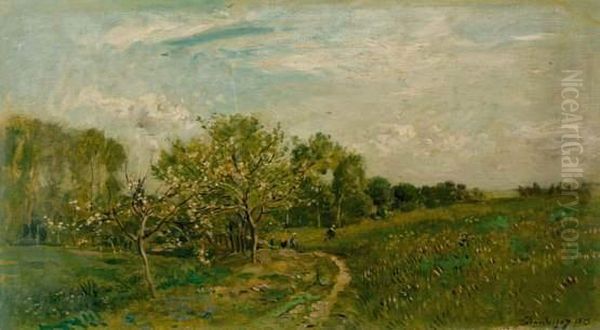 Pommiers Et Paysage Oil Painting by Charles Amelie Daubigny