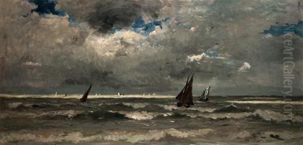 Bateaux Sous Un Ciel D'orage En Normandie Oil Painting by Karl Pierre Daubigny