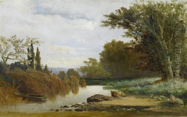 Landscape By The River Bank Oil Painting by Karl Pierre Daubigny