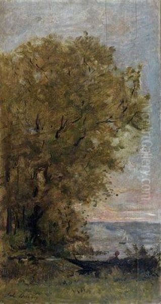 Paysage A La Barque Et Grand Arbre Oil Painting by Karl Pierre Daubigny