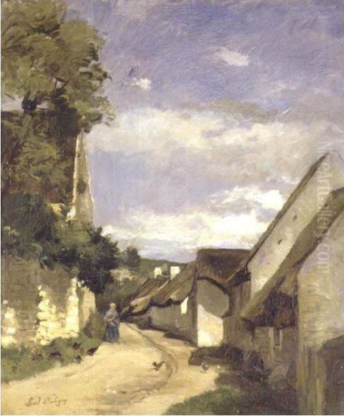 A Village Street Oil Painting by Pierre Daubigny