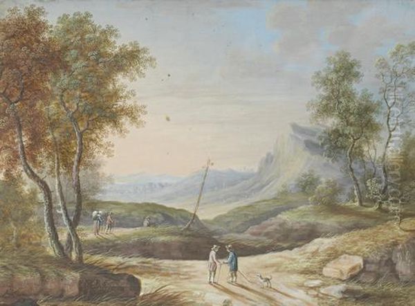 Travellers On A Country Path In An Open Landscape Oil Painting by Johann Martin Daubler