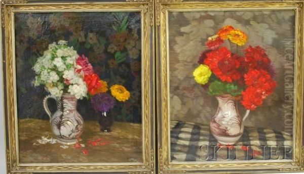 Pair Of Still Lifes Of Summer Flowers Oil Painting by Georg Daubner