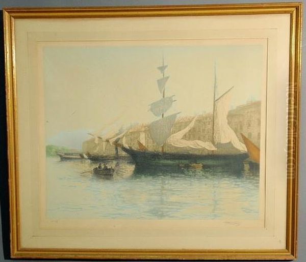 A Sailing Ship And Dinghies In Port Oil Painting by Eugene Baptiste E. Dauphin