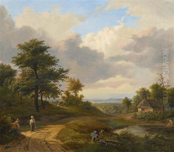 Walkers On The Edge Of A Path I A Broad Landscape Oil Painting by Jean-Baptiste Davelooze