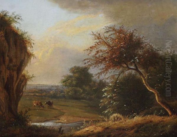 Cows In The Meadow Near The Water Oil Painting by Jean-Baptiste Davelooze