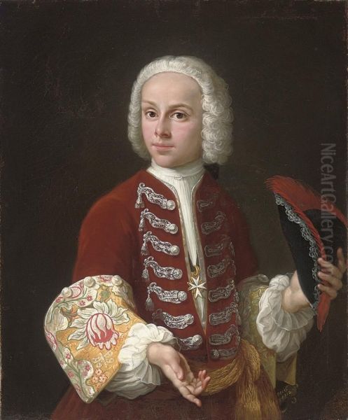 Portrait Of A Youth Of The Order Of Malta, Half-length, In A Redvelvet Coat With Silver Frogging And Embroidered Cuffs, And Amedallion Of The Order Of Malta, A Tricorn In His Left Hand Oil Painting by Antonio David