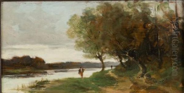 Flusslandschaft Mit Person Am Ufer Oil Painting by Ferdinand David