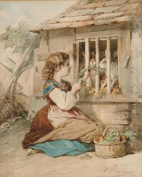 Girl Feeding Rabbits In A Hutch Oil Painting by Ferdinand David