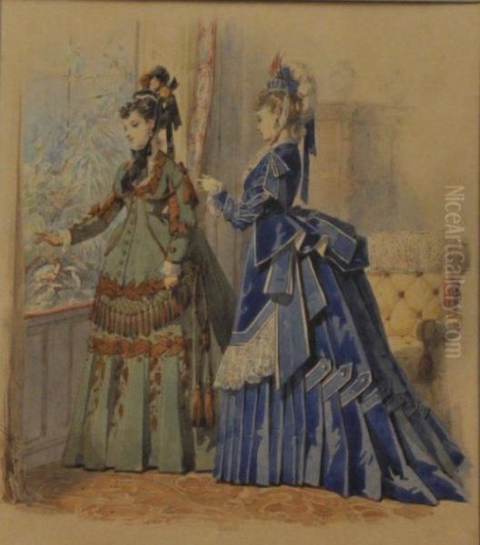 Deux Elegantes A La Fenetre Oil Painting by Jules David