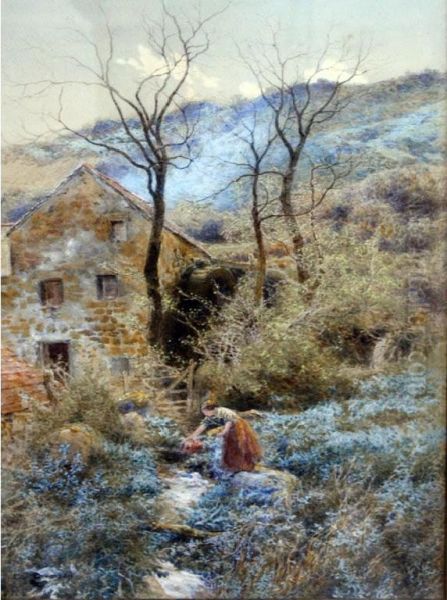 Girl Collecting Bluebells By A Stream Oil Painting by Charles Topham Davidson