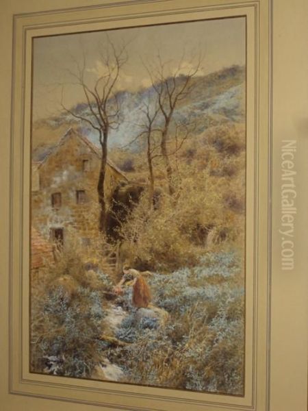 Woodland Cottage With Young Maid Before Fetching Water From A Stream Oil Painting by Charles Topham Davidson