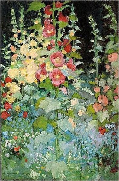 Hollyhocks Oil Painting by Daniel Pender Davidson