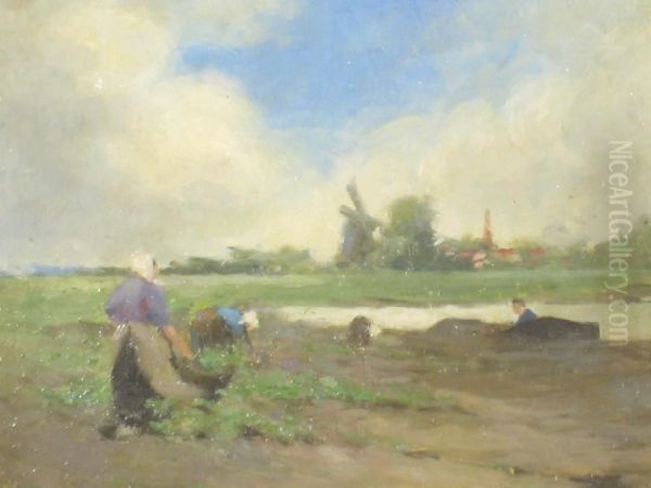 Figures In Fields, Holland Oil Painting by J.S. Davidson