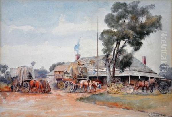 a Wayside Inn And Wool Wagons Oil Painting by Edward Davies