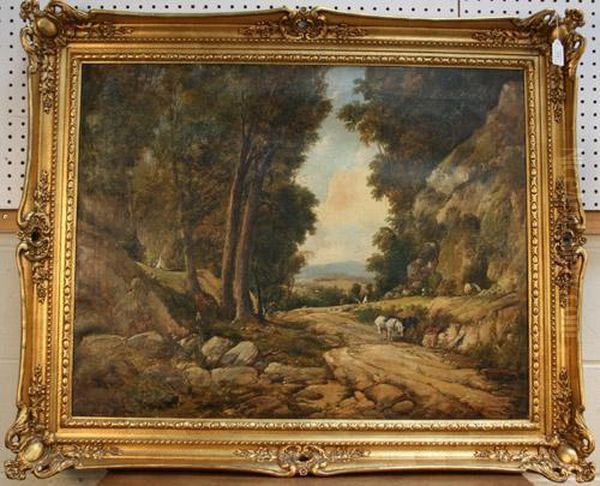 View Of A Rocky Woodland Track With Two Horses Oil Painting by James Hey Davies