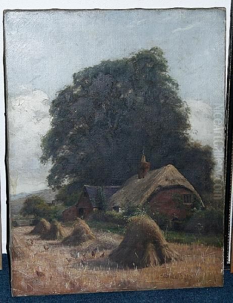 Thatched Cottage With Haystacks And Chickens Oil Painting by James Hey Davies