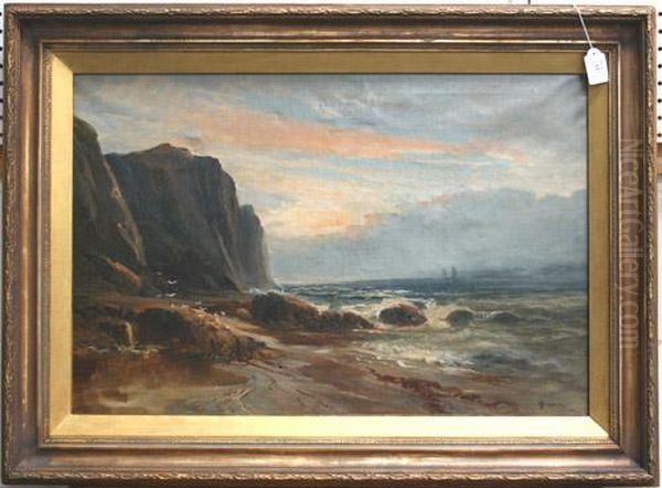 Coastal View With Waves Crashing Against Rocks Near Gannets Oil Painting by James Morris Davies