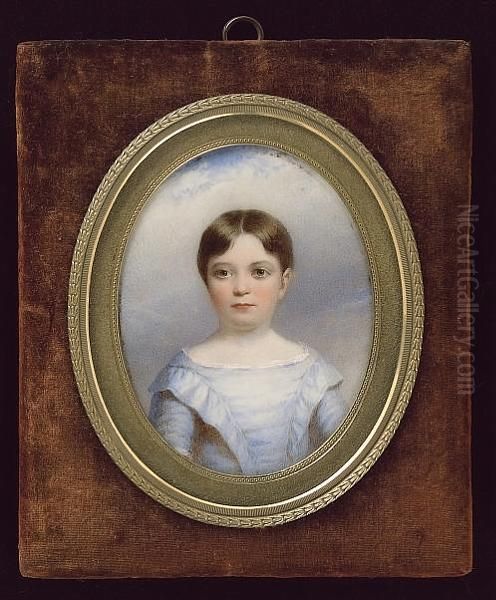 A Young Boy, Wearing Blue Dress With White Lace Neckline, His Dark Brown Hair Cropped Short Oil Painting by James Morris Davies