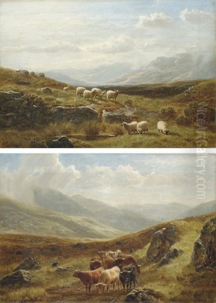 Sheep Grazing In A Highland Landscape; And Cattle Watering In Ahighland Landscape Oil Painting by William Davies