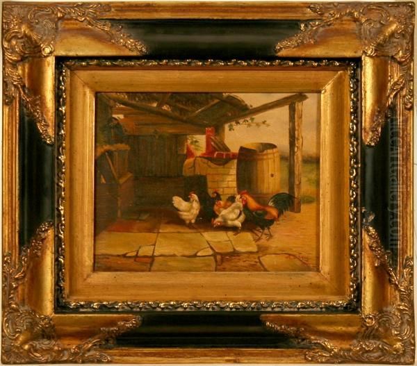 Genre Painting Of Chickens by A. Davis