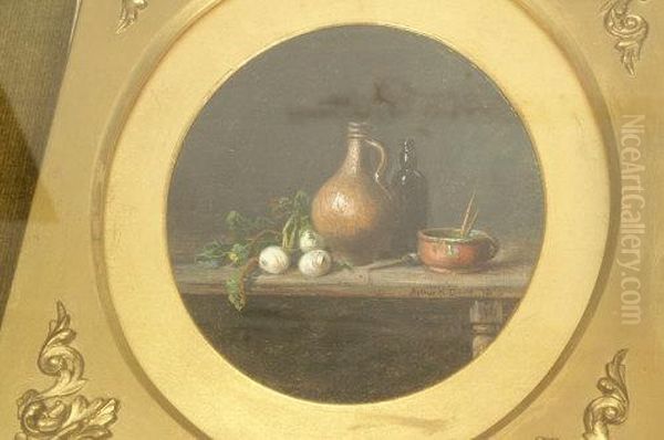 Still Life, Turnips, Bellamine And Bottle, On A Wooden Table Oil Painting by Arthur H. Davis