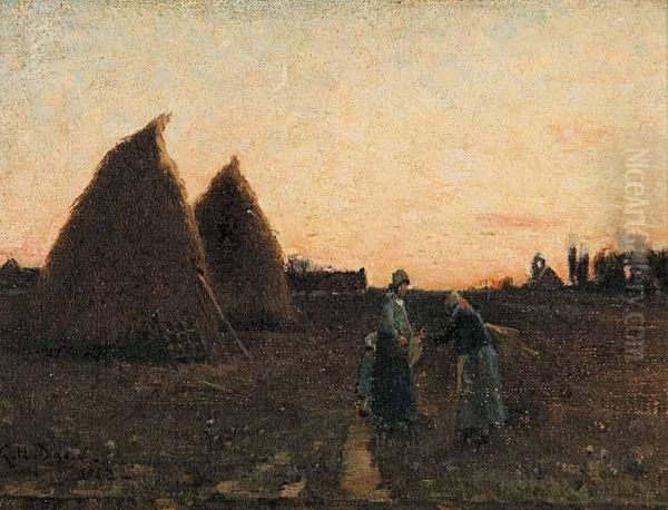 Untitled - Women Beside Haystacks Oil Painting by Charles Harold Davis