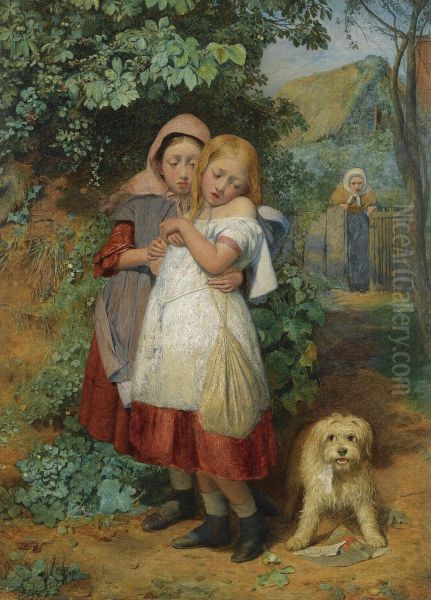 Girls, Frightened By A Dog Oil Painting by Edward Thompson Davis