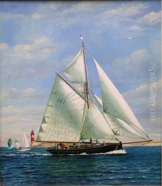 Sailing Yacht With Lighthouse Oil Painting by F. Davis