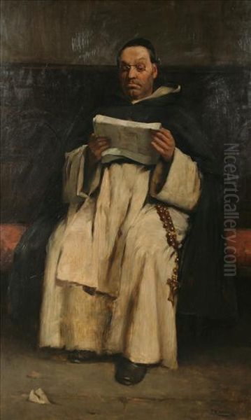 A Monk Reading Seated On A Panelled Bench Oil Painting by Frederick Williams Davis