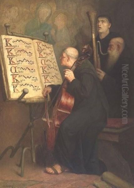 Three Monks Playing Liturgical Chant Oil Painting by Frederick Williams Davis