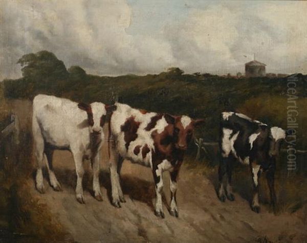 Cows On Path In Meadow Oil Painting by G. Davis