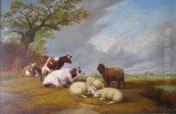 Cattle And Sheep By A Pool In A Wooded Landscape Oil Painting by G. Davis