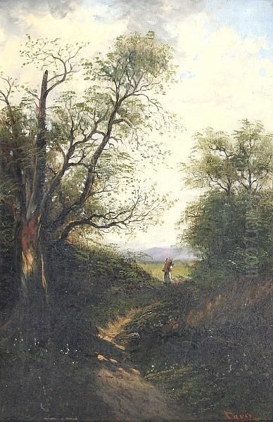 A Wooded Landscape With Figure Collecting Firewood, And Another Similar, A Pair Oil Painting by G. Davis