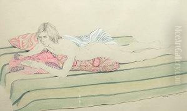 Male Nude Reclining Full-length On A Bed Oil Painting by G. Davis