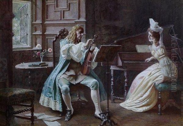 Tuning The Violin 
 A Couple Seated In An Interior Oil Painting by Lucien Davis