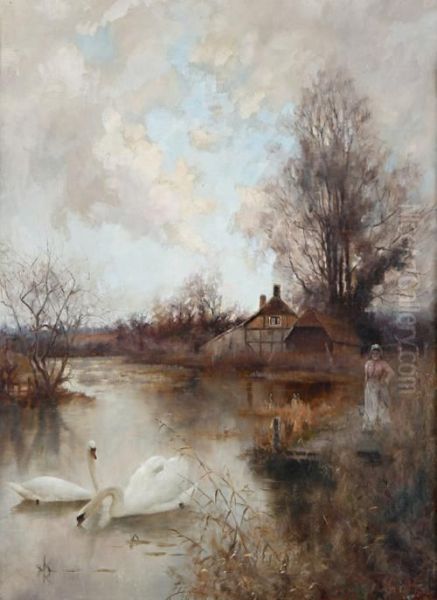 Swans On River Oil Painting by Valentine, Val Davis