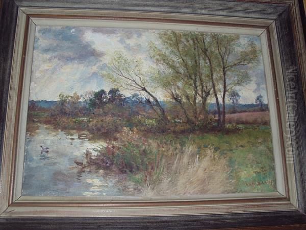 A River Landscape With Rain Clouds Beyond Oil Painting by Valentine, Val Davis