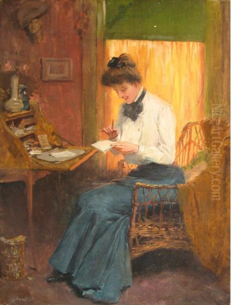 Woman At Her Writing Desk Oil Painting by Warren B. Davis