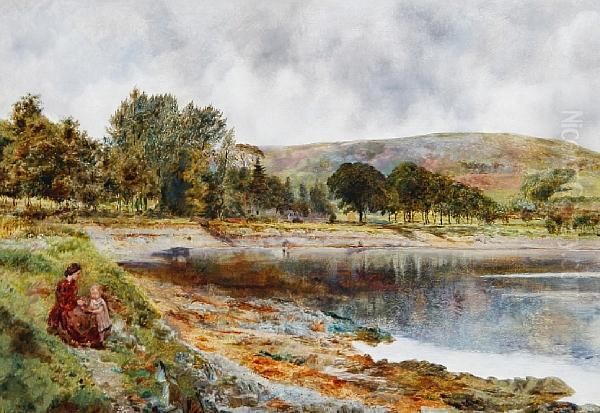 Port Bannatyne, Isle Of Bute, With Mother Andchild Seated By The Shore Oil Painting by William Davis