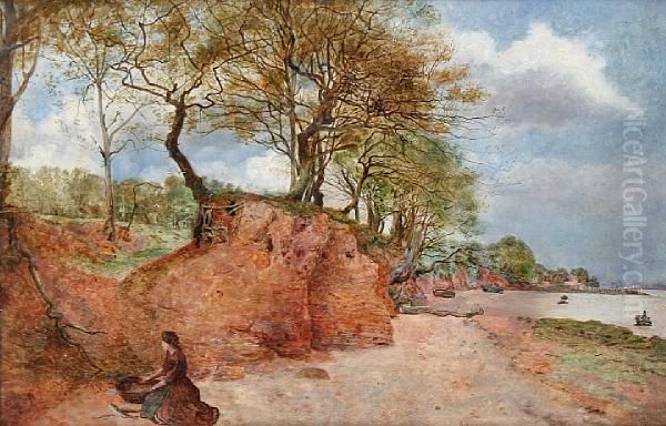 'eastham', Fishergirl On The Merseyforeshore Oil Painting by William Davis