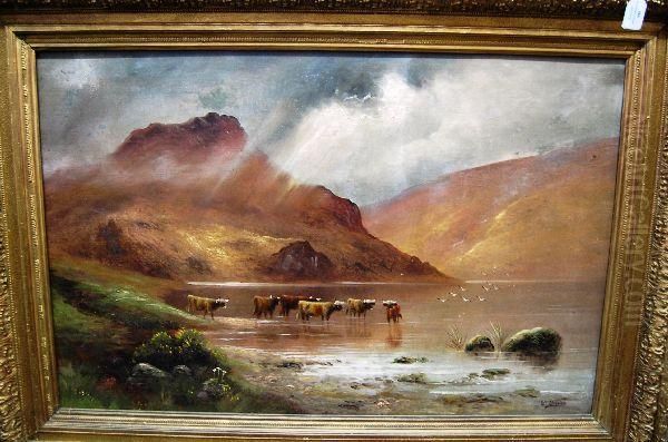 Highland Landscape With Cattle By A Loch Oil Painting by William Davis