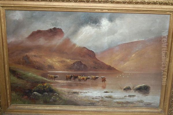 Highland Landscape Withcattle By A Loch Oil Painting by William Davis