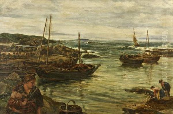 Coastal Landscape With Figures And Boats Oil Painting by Nora Davison