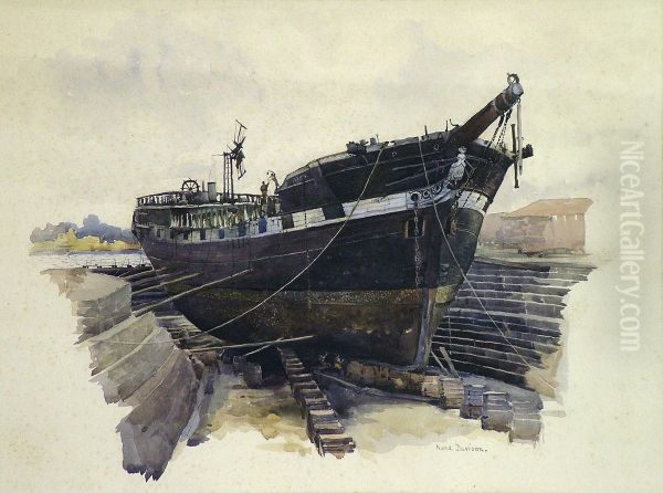 Large Ship Having Repairs In Dry Docks Oil Painting by Nora Davison