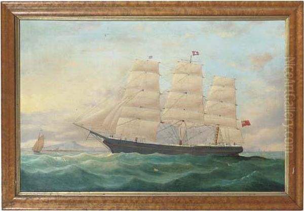 A Three-masted Barque In Full Sail Off A Coastline Oil Painting by William Davison