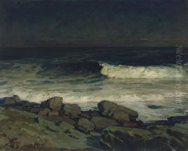 A Winter Coast, Moonlight Oil Painting by Joseph B. Davol